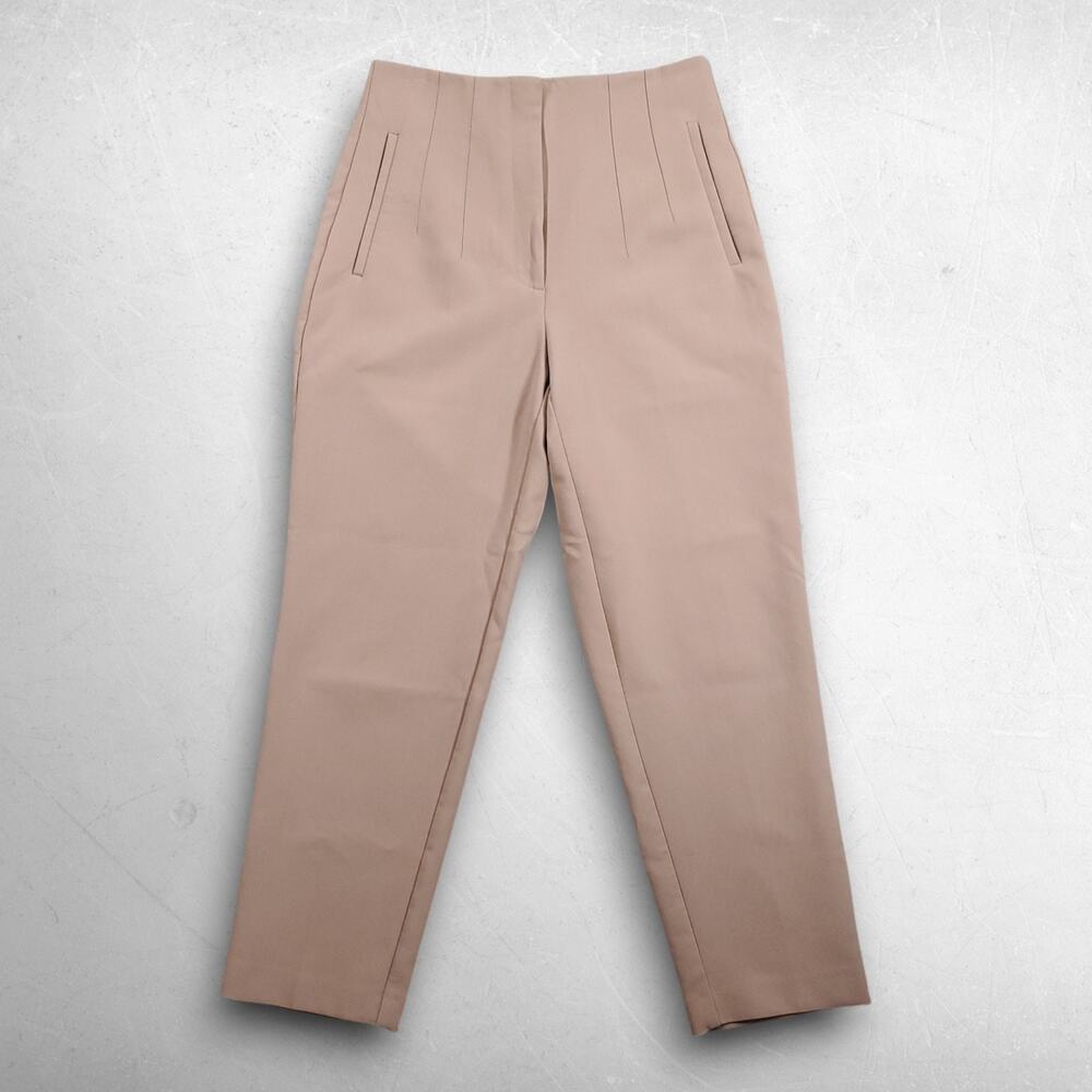 Zara High Waist Pleated Cropped Trouser Pants Women‎ M Beige Stretch Preppy Chic